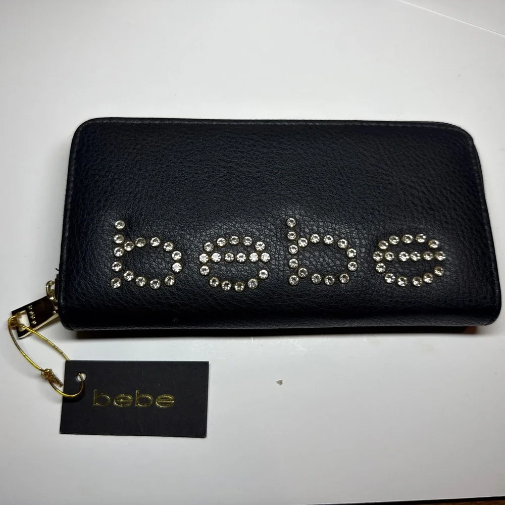 Bebe‎ Black Wallet Clutch Rhinestone Studded Faux Leather Zip-Top JETTA SLG NIB